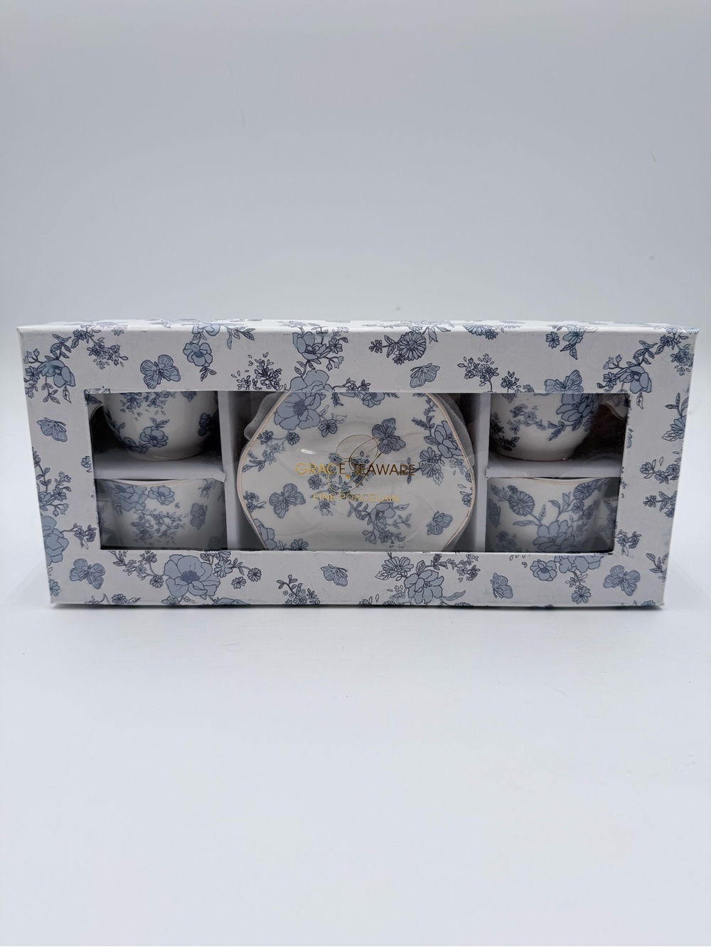 Grace Teaware Tea Time Set 4 Cups & Saucers Blue Butterfly Floral Set NEW!